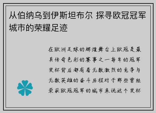 从伯纳乌到伊斯坦布尔 探寻欧冠冠军城市的荣耀足迹