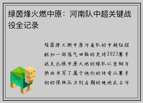 绿茵烽火燃中原：河南队中超关键战役全记录