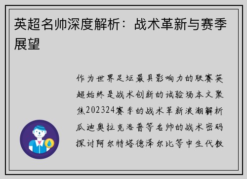 英超名帅深度解析：战术革新与赛季展望
