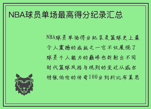 NBA球员单场最高得分纪录汇总