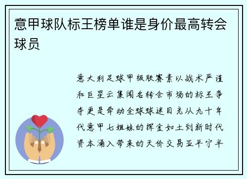 意甲球队标王榜单谁是身价最高转会球员