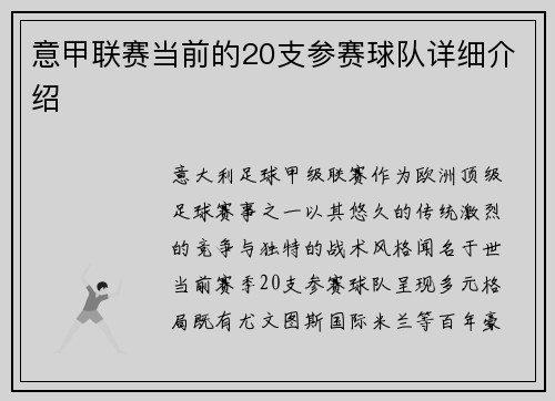 意甲联赛当前的20支参赛球队详细介绍