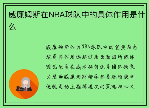 威廉姆斯在NBA球队中的具体作用是什么